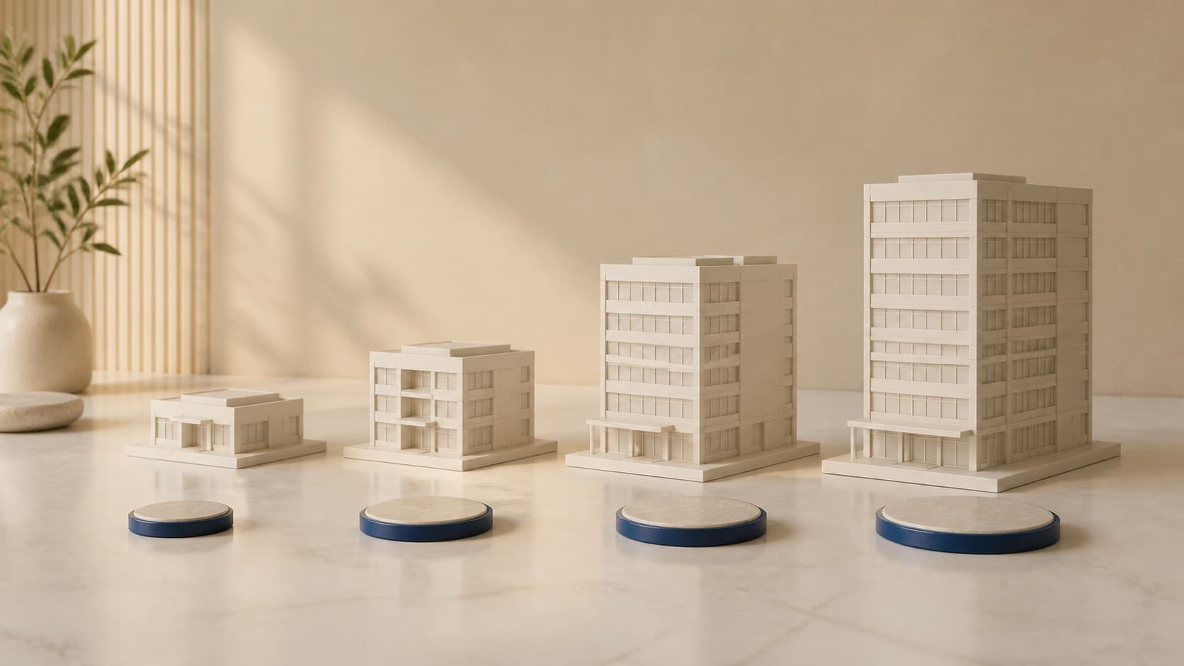 Four progressively sized building models representing transparent pricing tiers