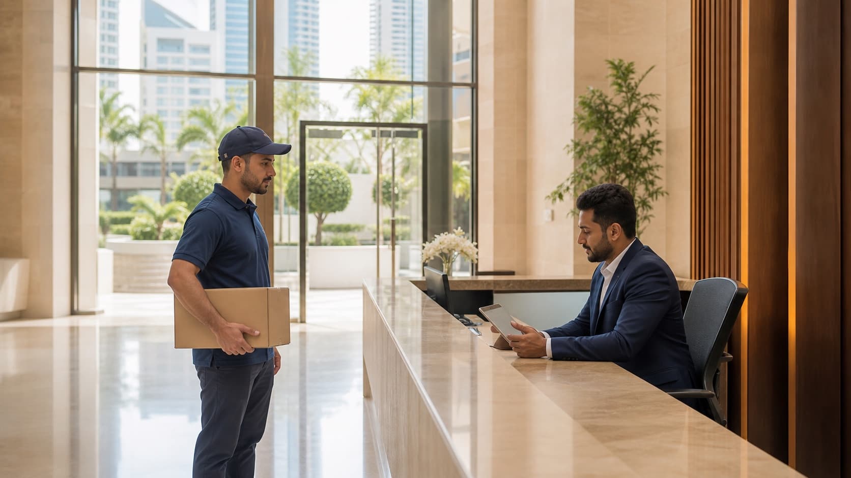 Courier checking in at a staffed UAE residential building desk