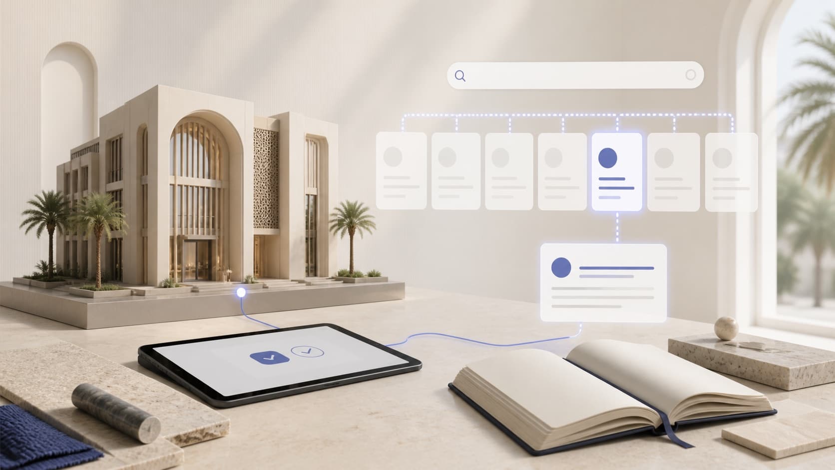 Modern UAE building model connected to a tablet and searchable visitor records