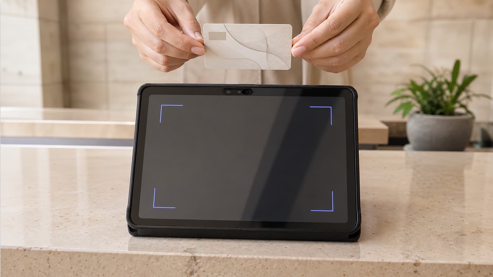 Generic blank identity card aligned above a tablet camera for OCR