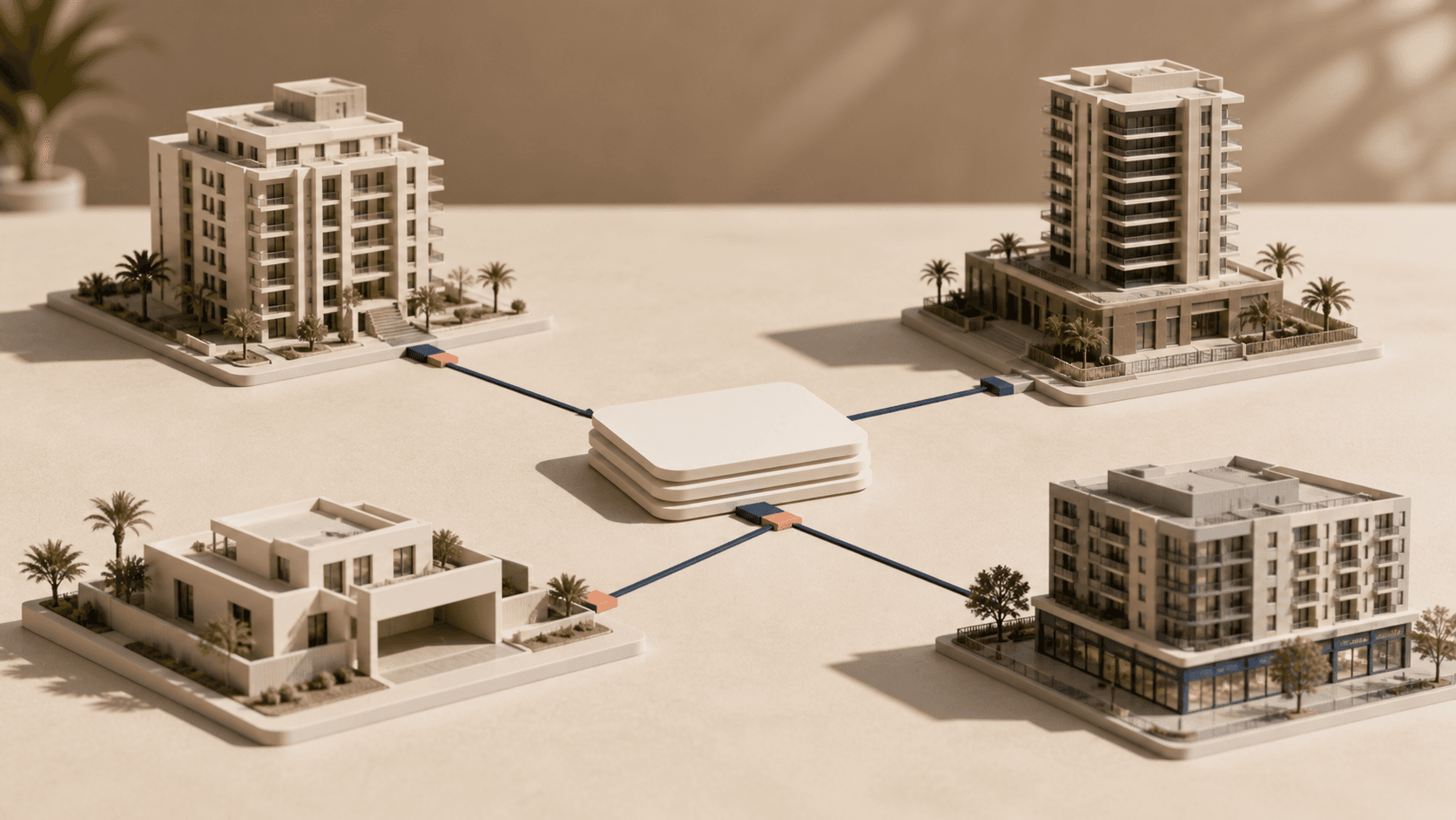 Architectural models of four UAE buildings connected to shared digital records