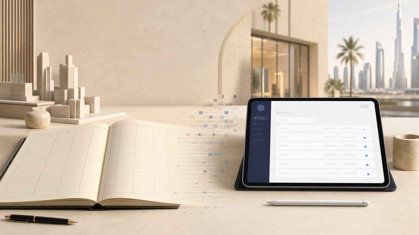 Paper visitor ledger transitioning into searchable digital records on a tablet