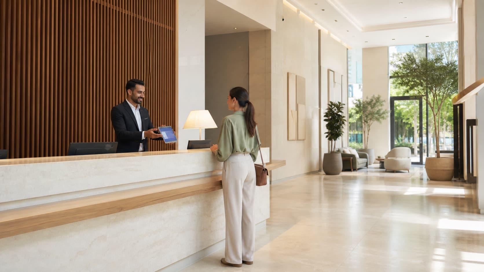Visitor checking in at a staffed modern UAE residential building lobby
