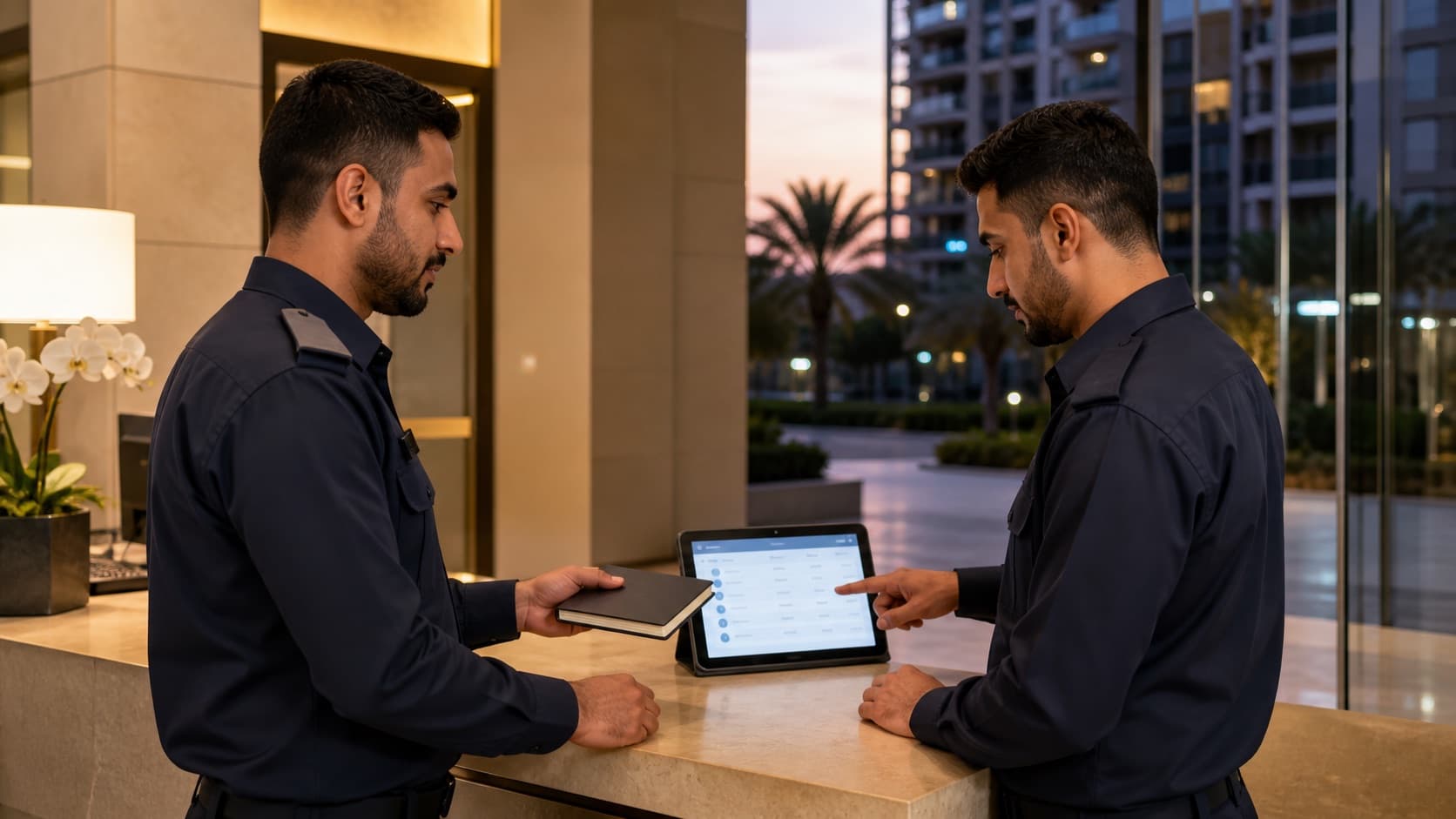 Two security professionals reviewing visitor records during shift handover