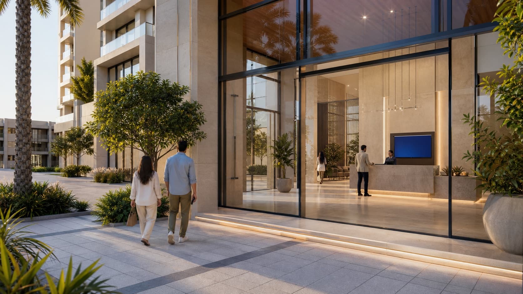 Modern UAE residential tower entrance prepared for visitor check-in