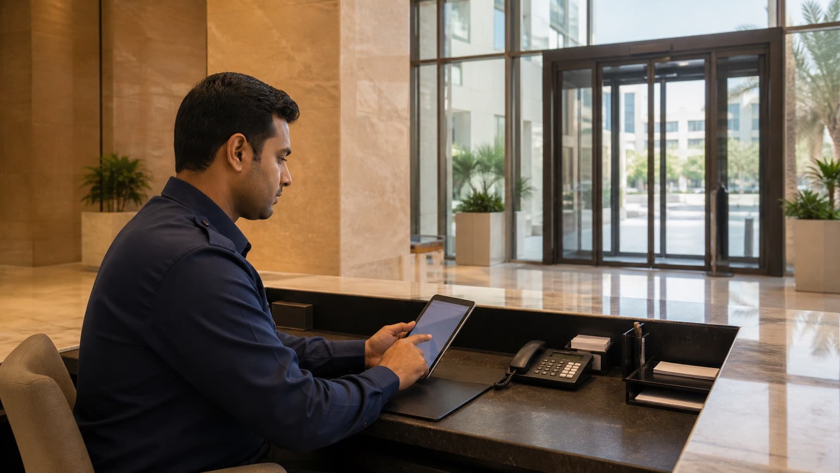 Security professional using a tablet at a modern UAE building entrance