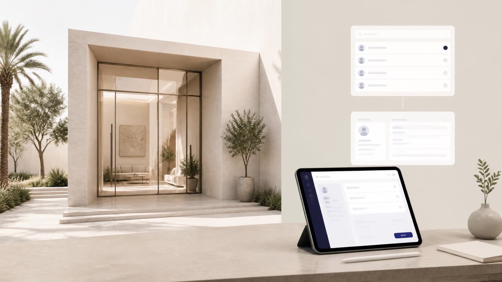 Focused UAE visitor management workflow represented by a building and tablet