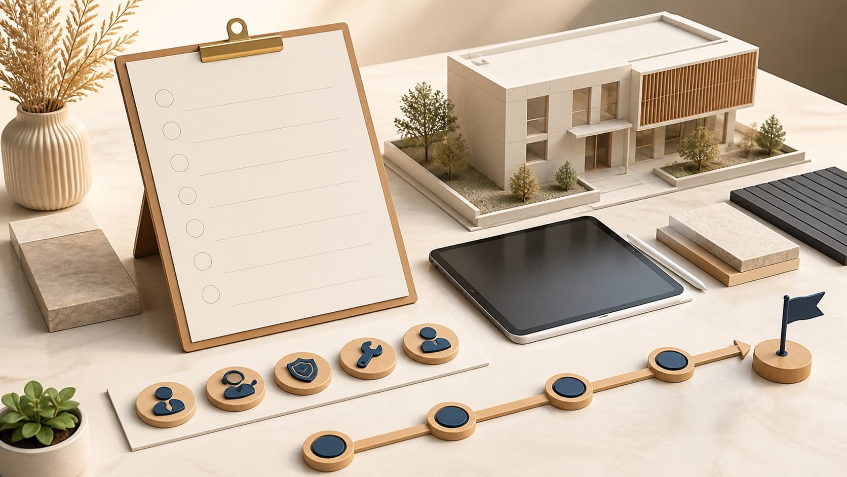 Visitor logbook rollout plan with checklist, building model, and progress path