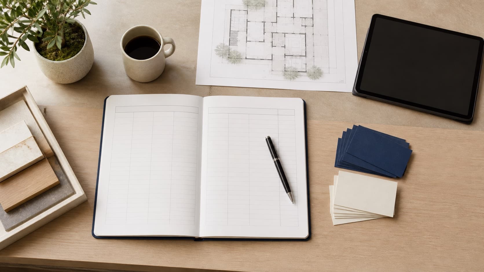 Blank visitor logbook template beside a tablet and building floor plan