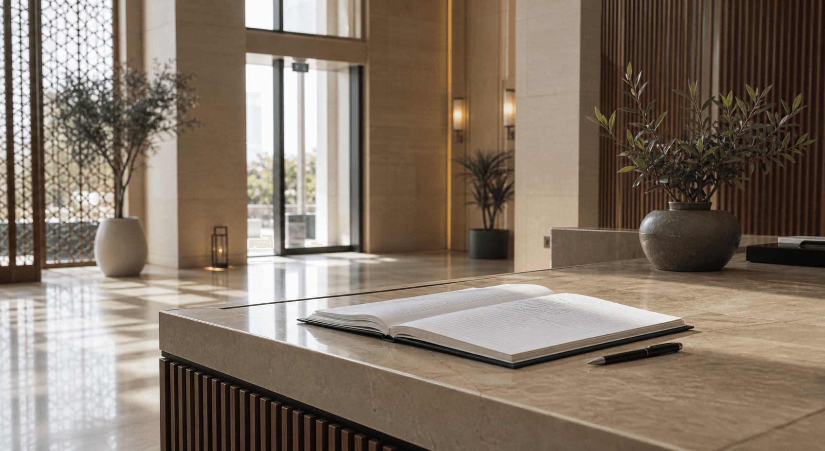 Open paper visitor logbook on a UAE residential building reception desk
