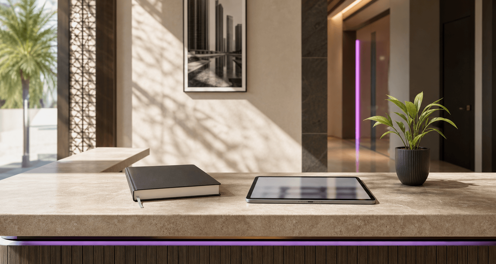 Modern UAE building desk with a paper logbook and a tablet representing paper-light operations